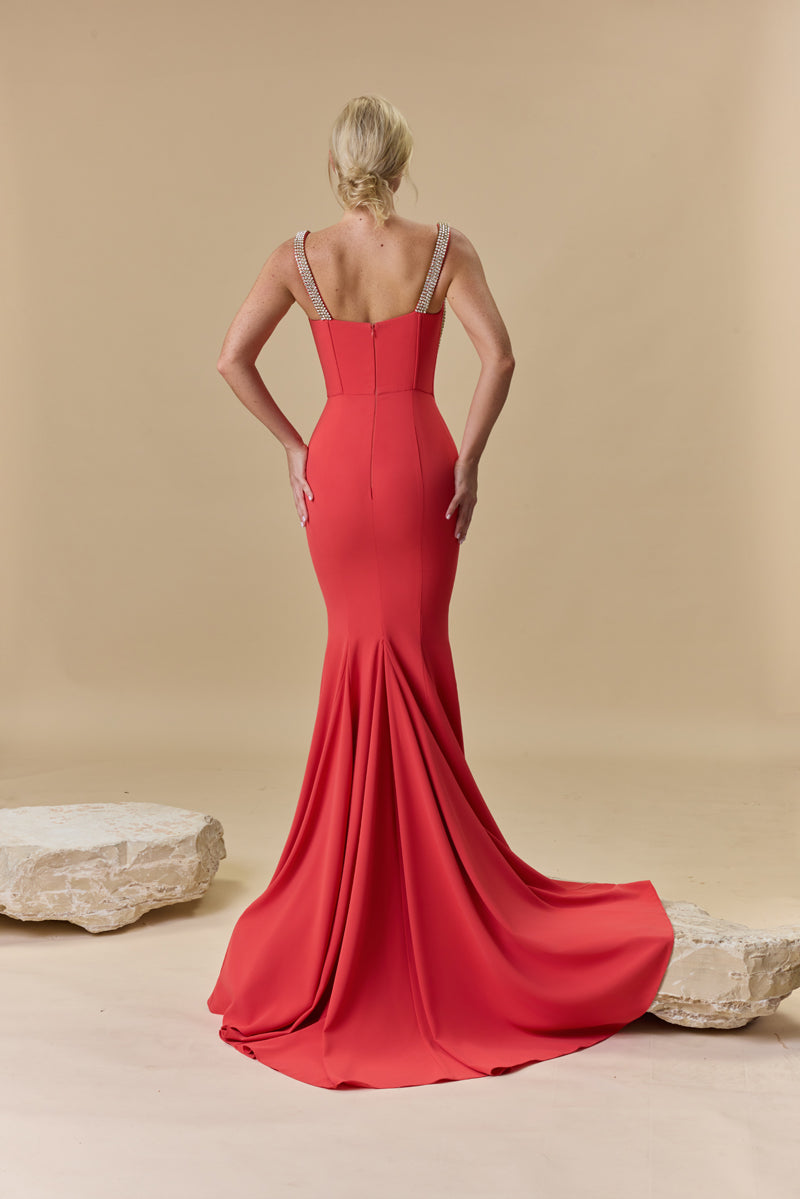 A mermaid crepe dress featuring cup-chain embroidery along the shoulders and bust.