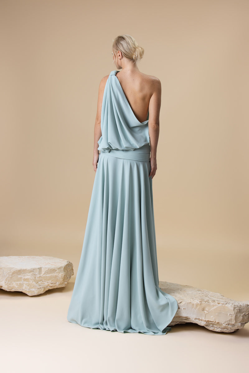 A crêpe asymmetrical one shoulder puffed dress with A-line skirt.