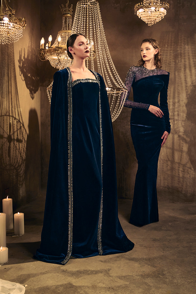 Asymmetric velvet blue dress with tulle and crystal embroidery