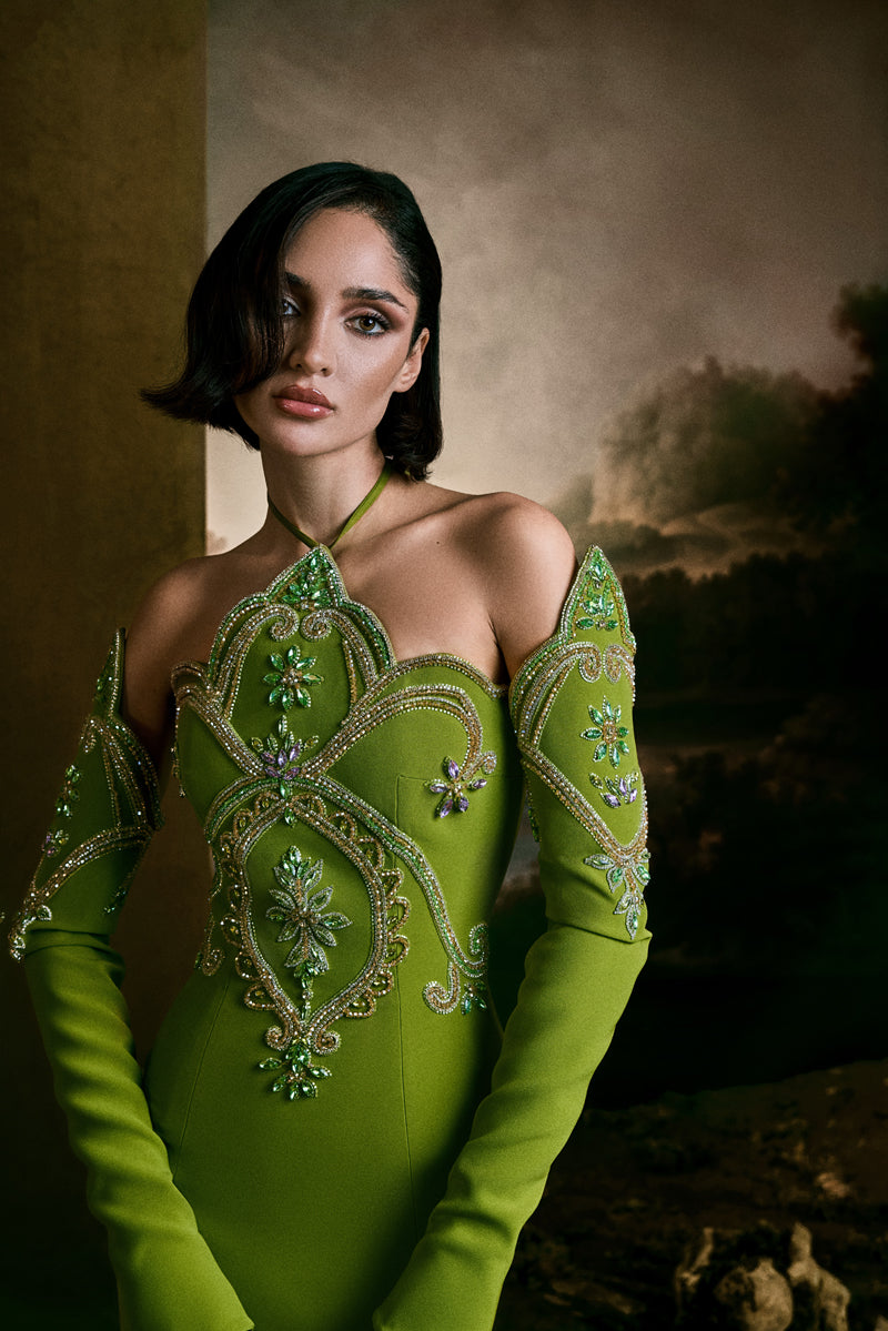 Fitted gown featuring a pointed neckline and matching sleeves