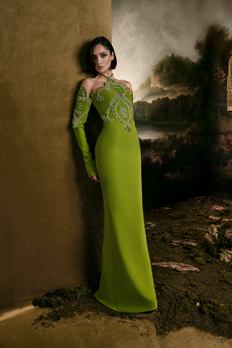 Fitted gown featuring a pointed neckline and matching sleeves