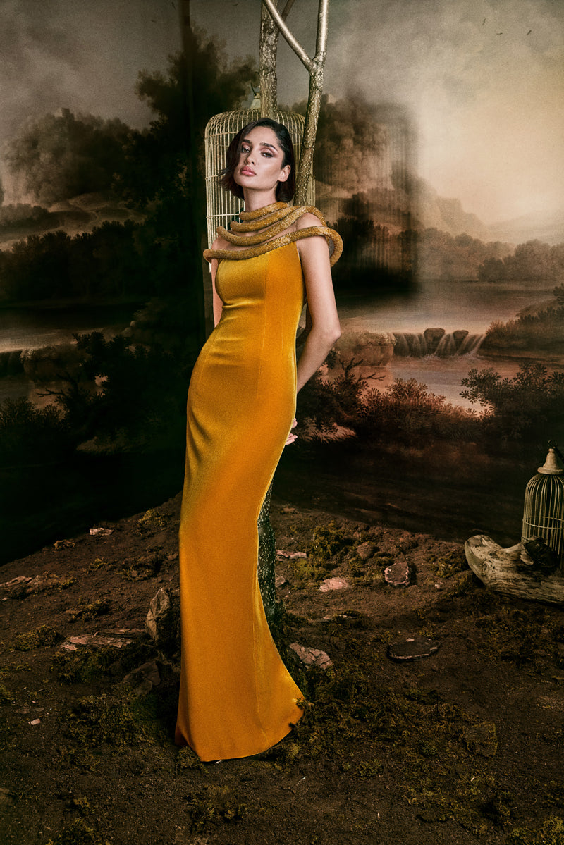 Velvet dress featuring a plunging neckline detailed with embroidered-hoop bust