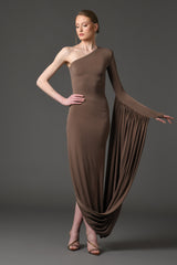 Coffee brown jersey asymmetric draped dress