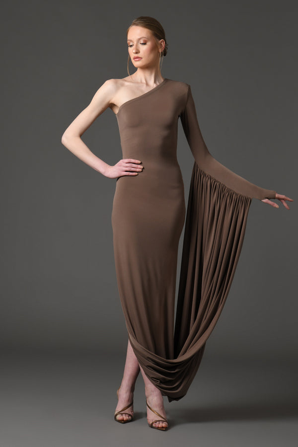 Coffee brown jersey asymmetric draped dress