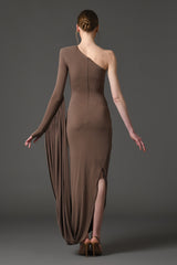 Coffee brown jersey asymmetric draped dress