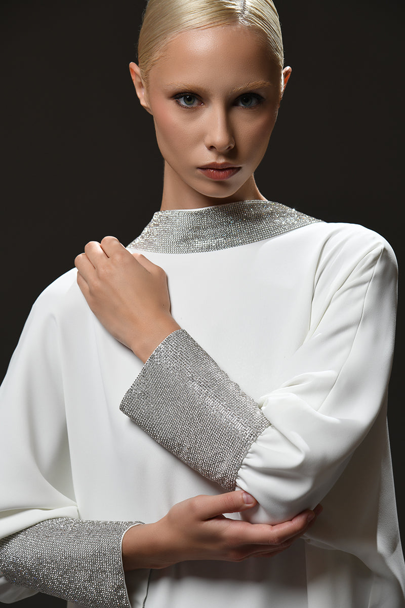 White crepe abaya with crystals embellished chainmail