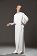 White crepe abaya with crystals embellished chainmail