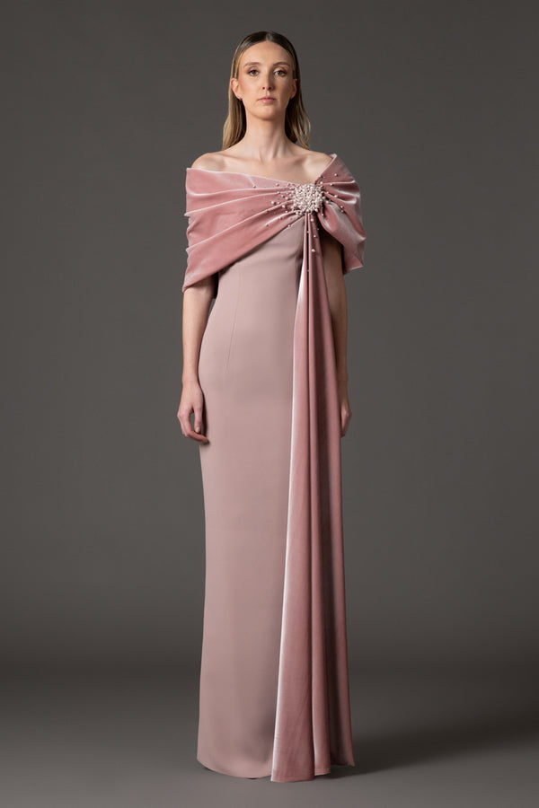 Vintage rose crêpe dress with a draped embroidered velvet neckline