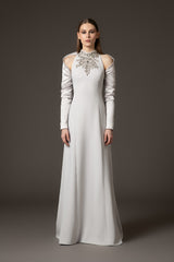 Halter neck light grey crêpe dress with structured sleeves and crystal embroidery