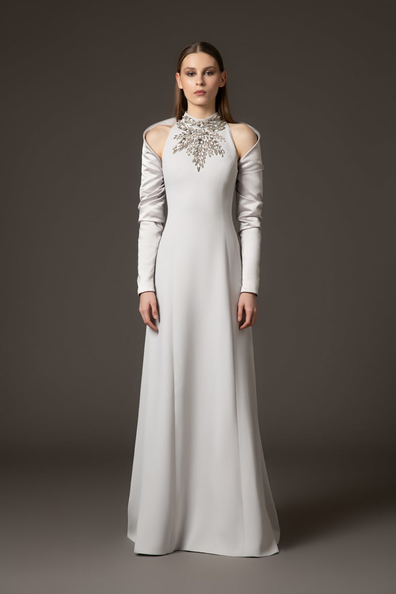 Halter neck light grey crêpe dress with structured sleeves and crystal embroidery