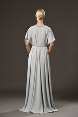 Light grey abaya with embroidered neckline and belt