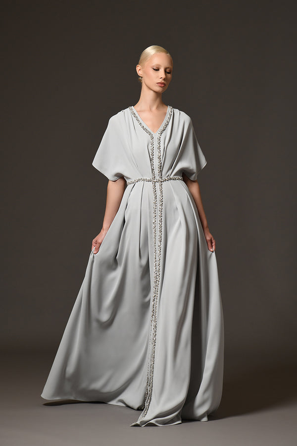 Light grey abaya with embroidered neckline and belt