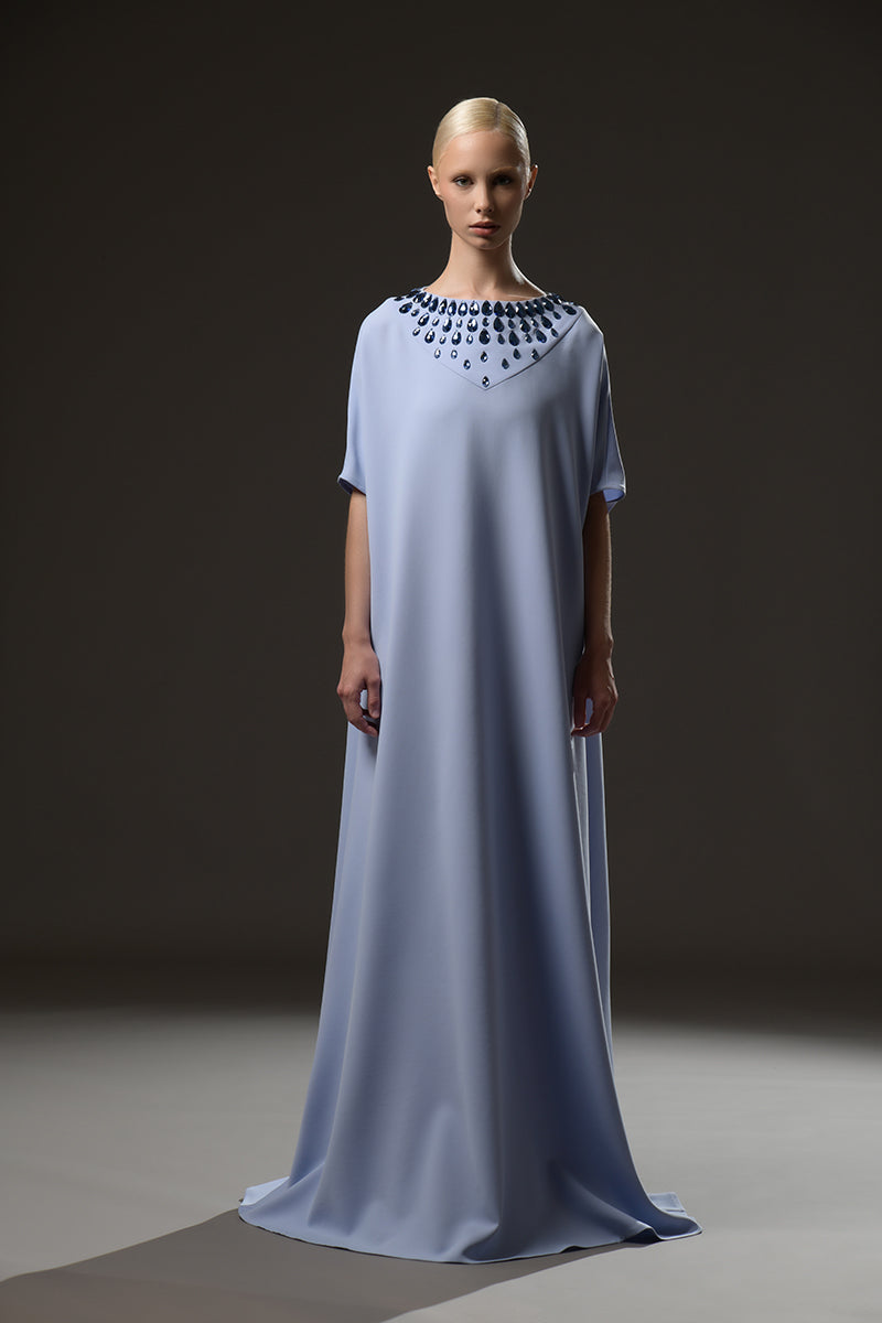 Light blue crêpe abaya with crystal drop embroidery