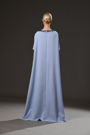 Light blue crepe abaya with crystal drop embroidery