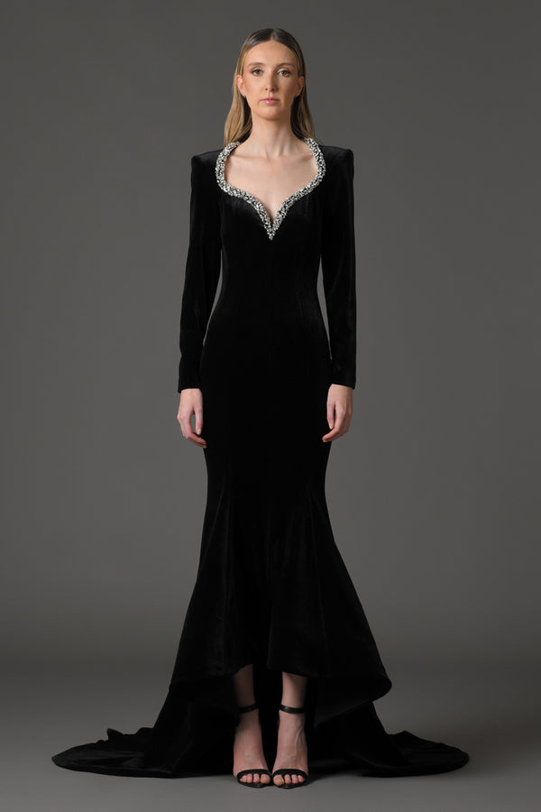 Velvet black mermaid dress with embroidery on the neckline