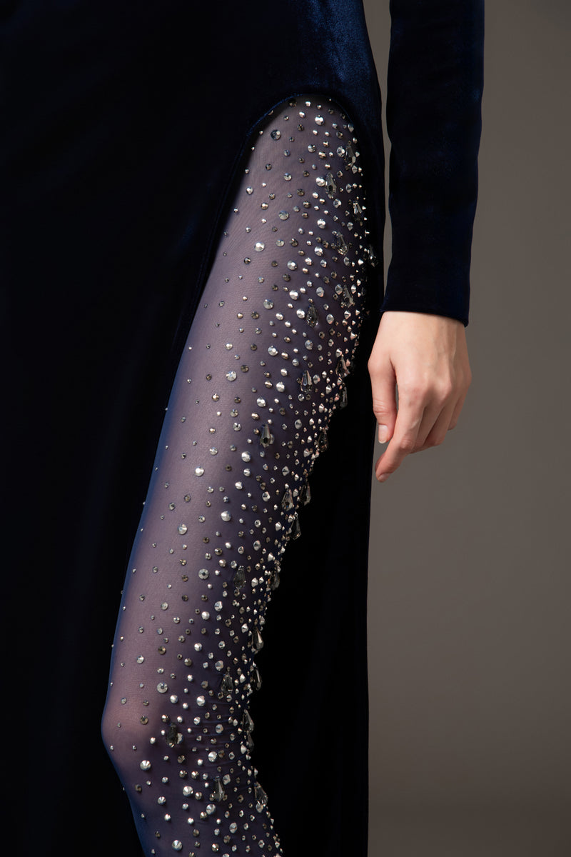 Velvet blue dress paired with crystal embroidered tulle leggings‭