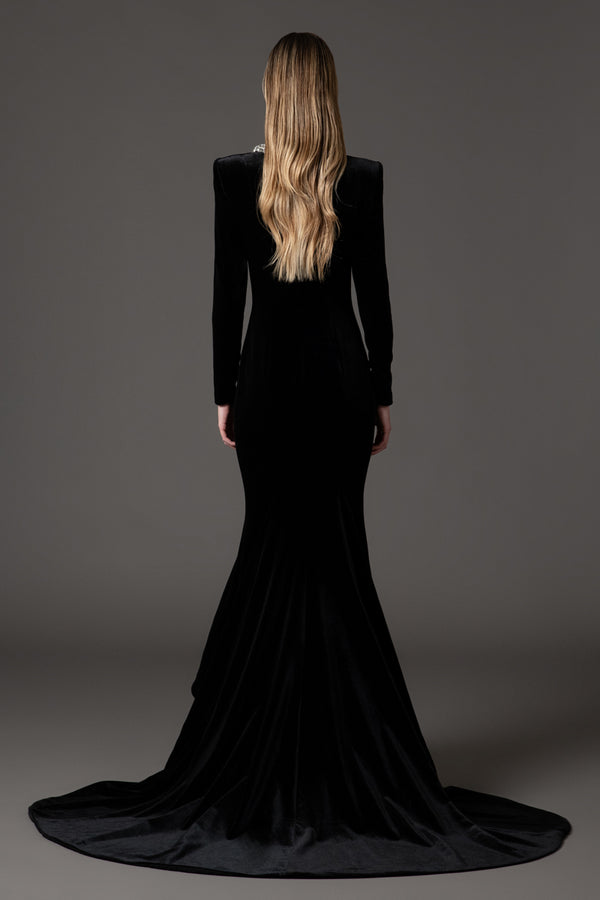 Velvet black mermaid dress with embroidery on the neckline