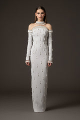 Light grey crêpe dress fully embroidered with crystals and pearls