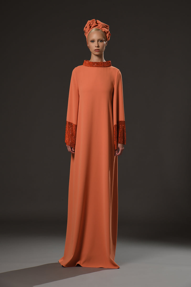  Orange crêpe abaya with crystal embellished chainmail