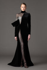 Velvet black asymmetric dress with crystal embroidery and tulle leggings