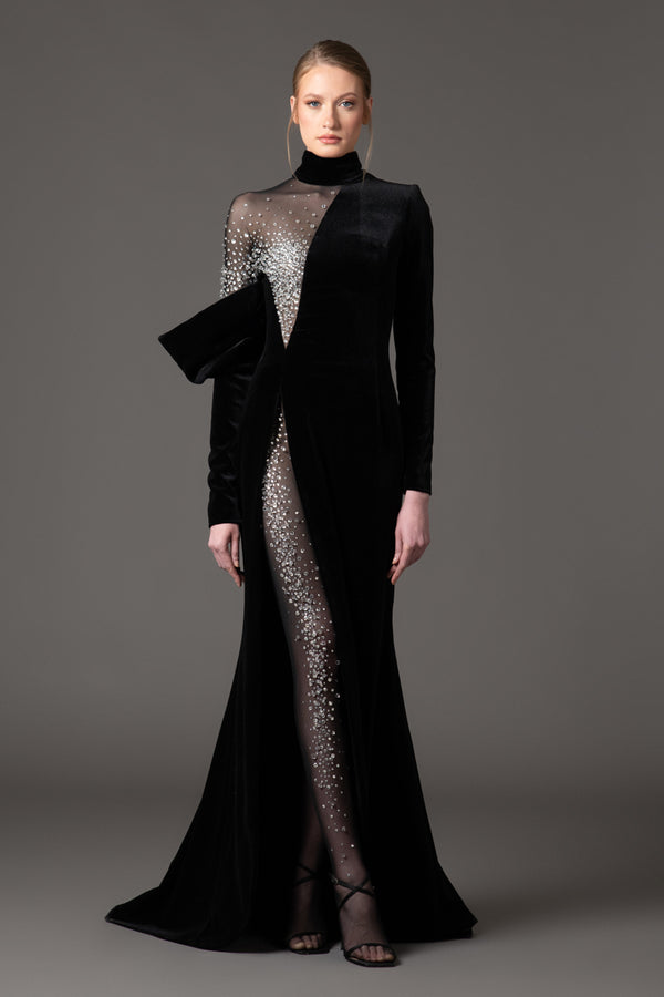 Velvet black asymmetric dress with crystal embroidery and tulle leggings