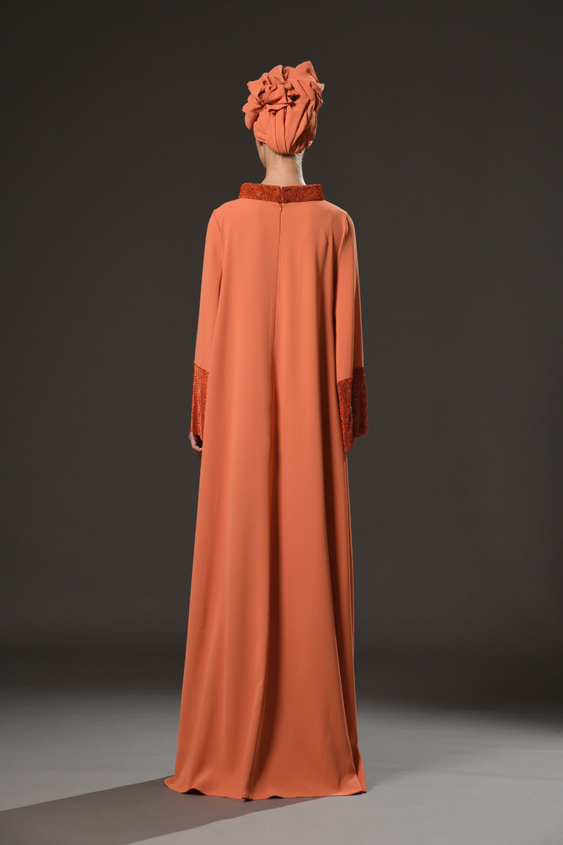 Orange crepe abaya with crystal embellished chainmail