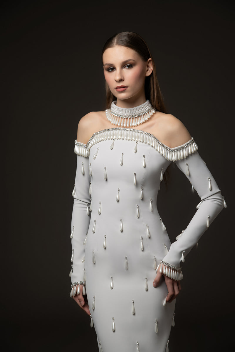 Light grey crêpe dress fully embroidered with crystals and pearls