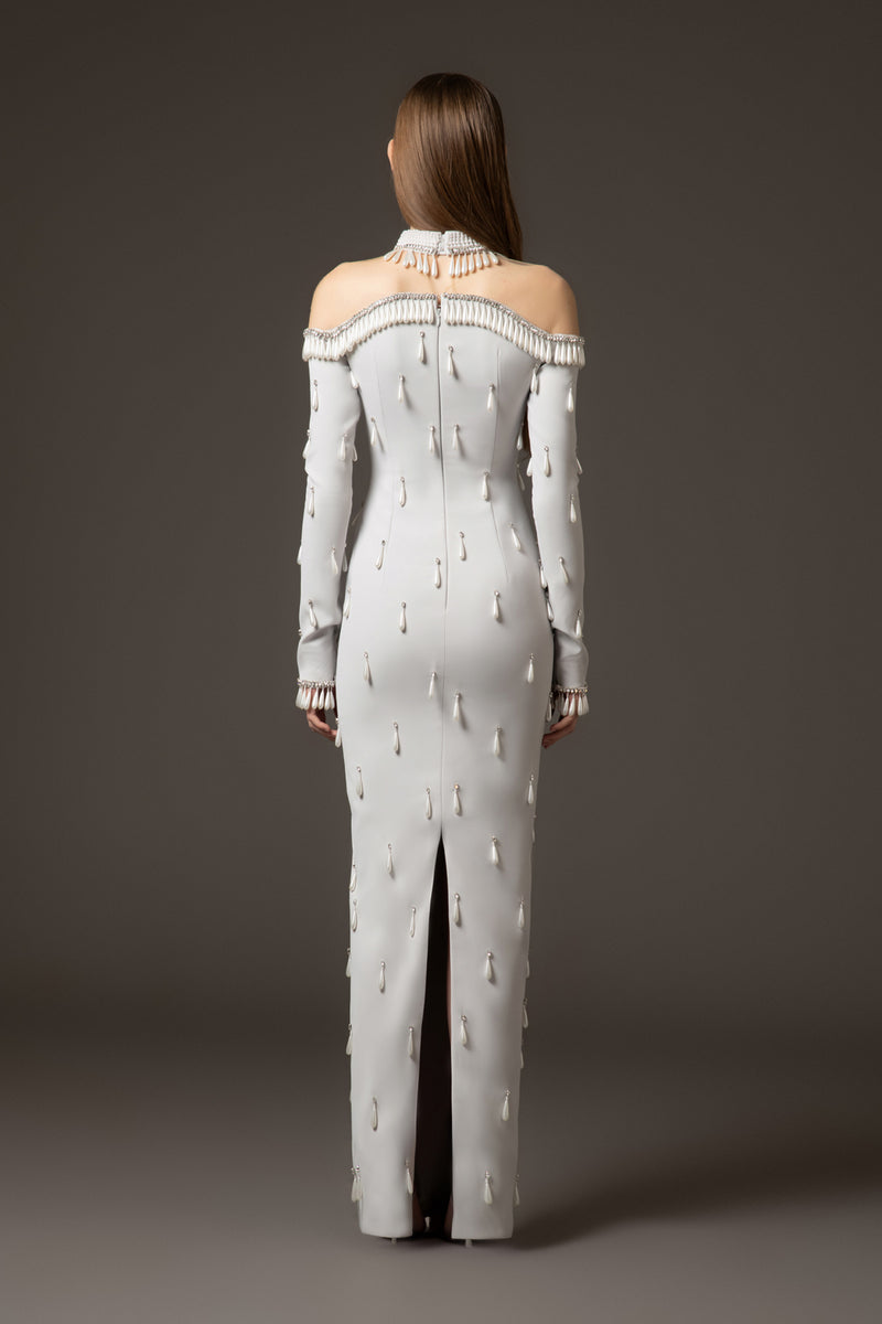 Light grey crêpe dress fully embroidered with crystals and pearls