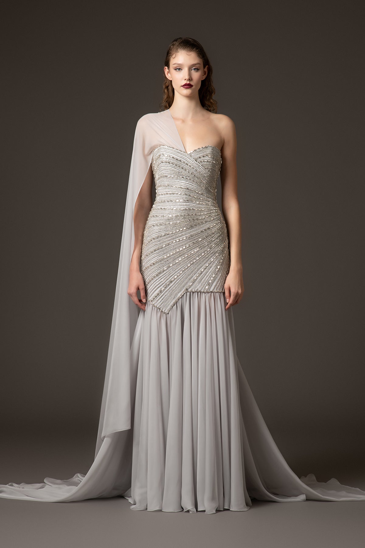 Js Saba Embroidered light grey dress with chiffon skirt