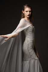 Embroidered light grey dress with chiffon skirt