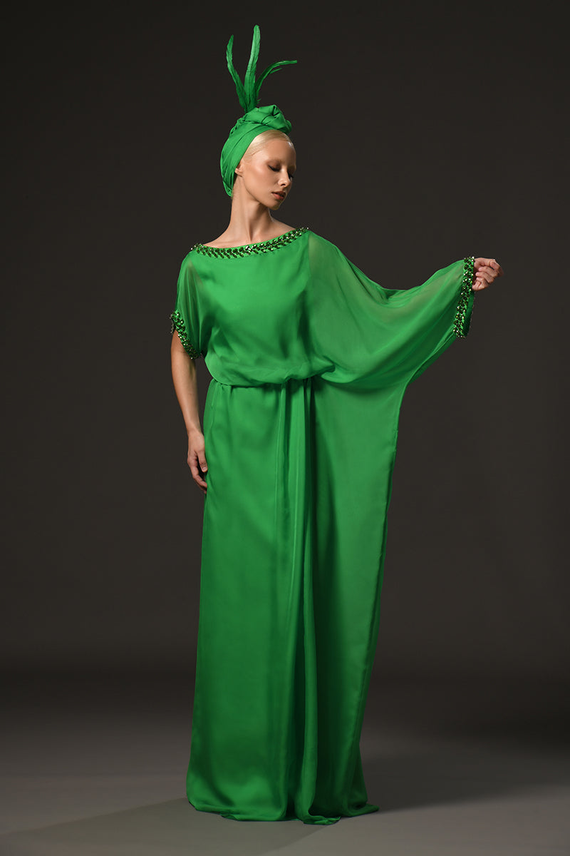 Green chiffon abaya with embroidered neckline and sleeve
