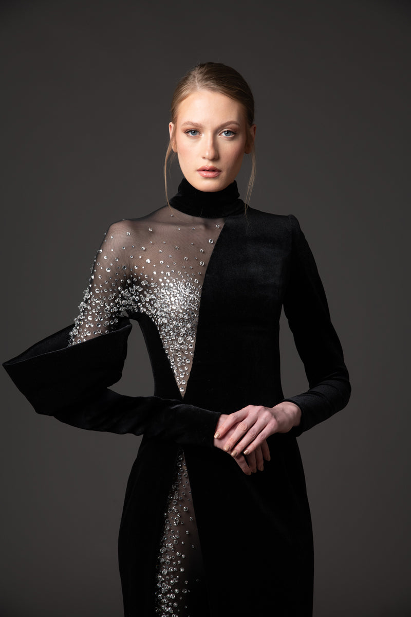 Velvet black asymmetric dress with crystal embroidery and tulle leggings