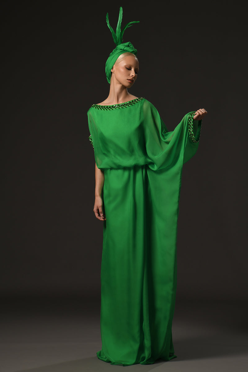 Green chiffon abaya with embroidered neckline and sleeve
