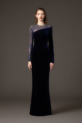 Asymmetric velvet blue dress with tulle and crystal embroidery