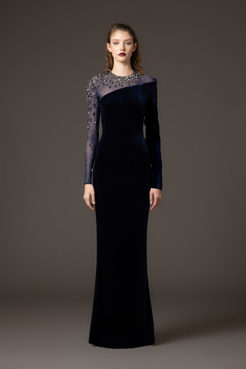 Asymmetric velvet blue dress with tulle and crystal embroidery