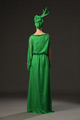 Green chiffon abaya with embroidered neckline and sleeve