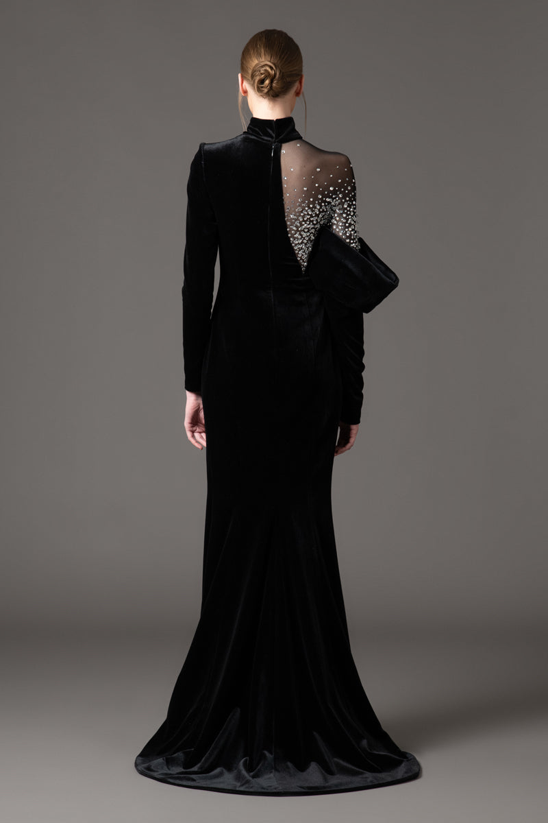 Velvet black asymmetric dress with crystal embroidery and tulle leggings