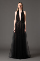 Embroidered tulle black dress with an open back