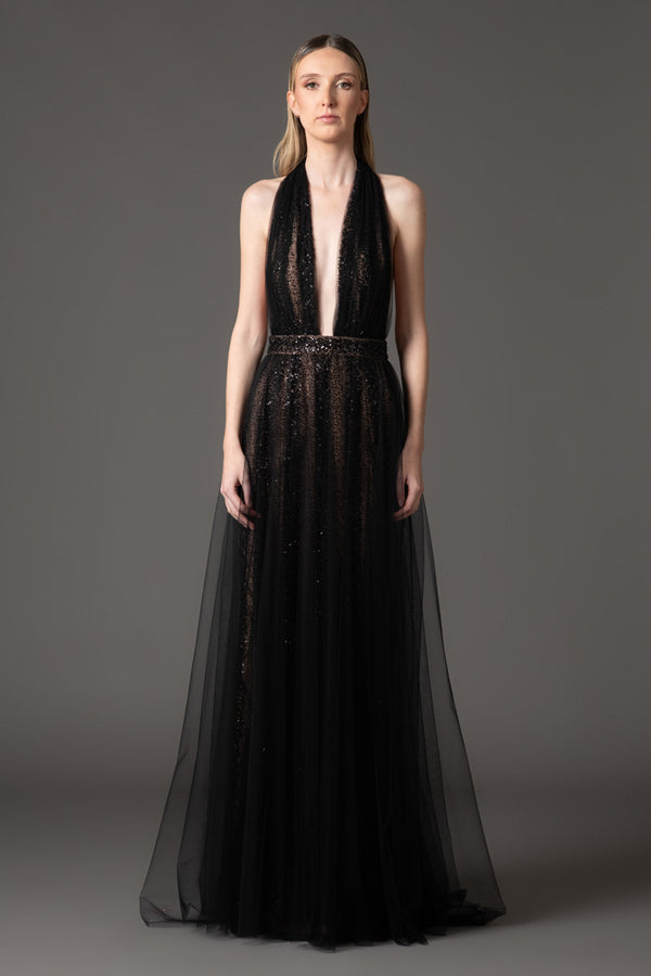 Embroidered tulle black dress with an open back