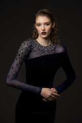 Asymmetric velvet blue dress with tulle and crystal embroidery