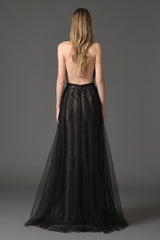 Embroidered tulle black dress with an open back