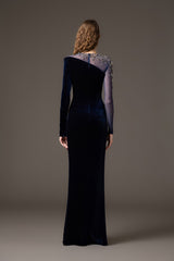 Asymmetric velvet blue dress with tulle and crystal embroidery