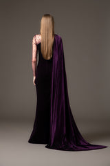 Velvet burgundy dress with crystal embroidery paired with a one-sided cape