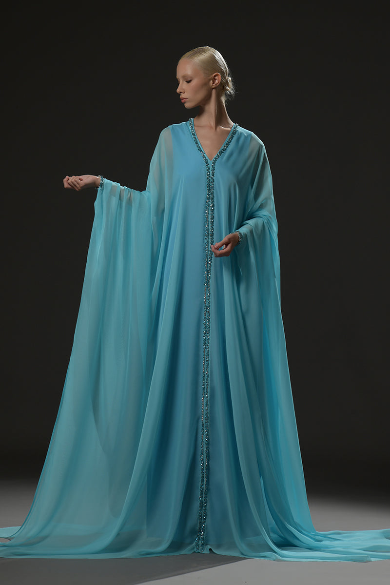 Light blue chiffon abaya with embroidered neckline