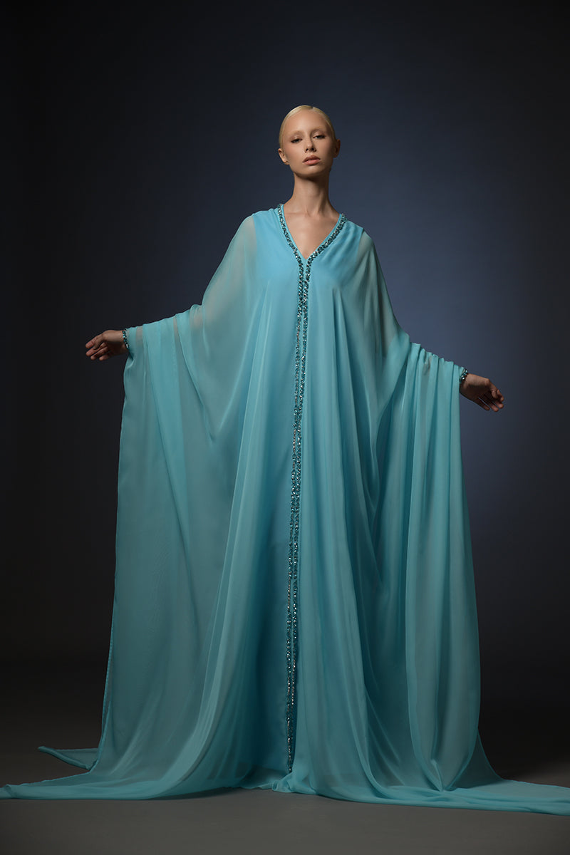 Light blue chiffon abaya with embroidered neckline