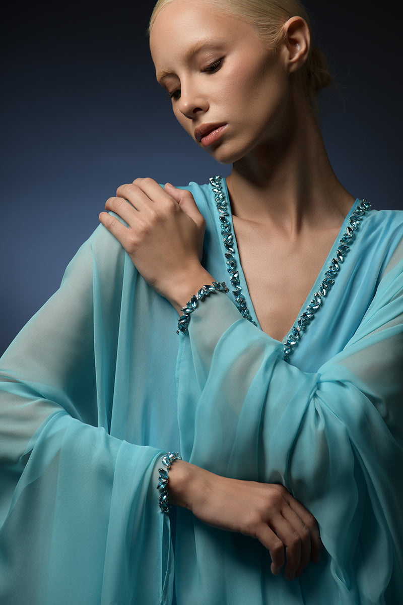 Light blue chiffon abaya with embroidered neckline