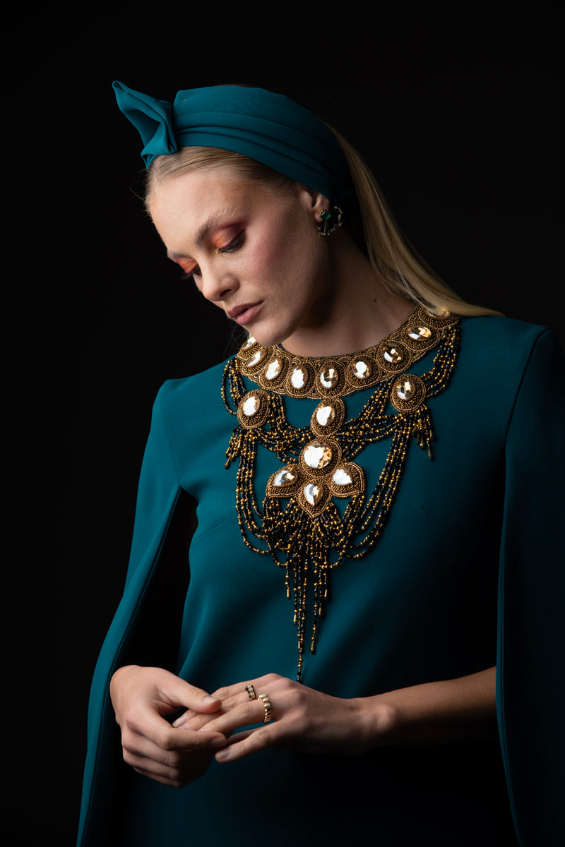 Teal crêpe abaya with embroidered neckline