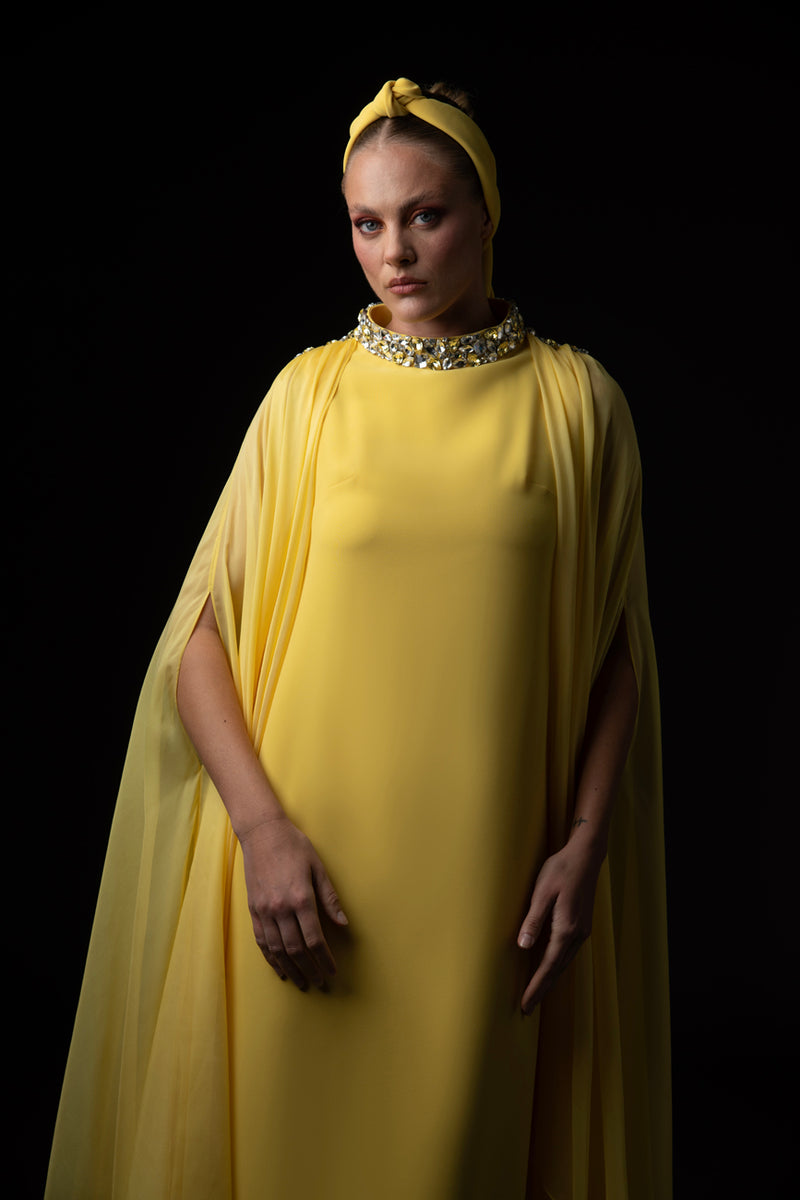 Yellow abaya with embroidered neckline and cape sleeves