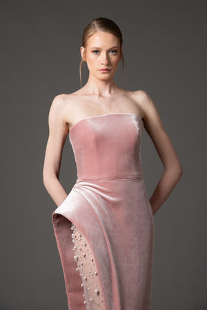 Vintage rose velvet dress with crystal and pearl embroidery on the slit