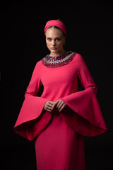 Coral crêpe abaya with embroidered neckline and bell sleeves